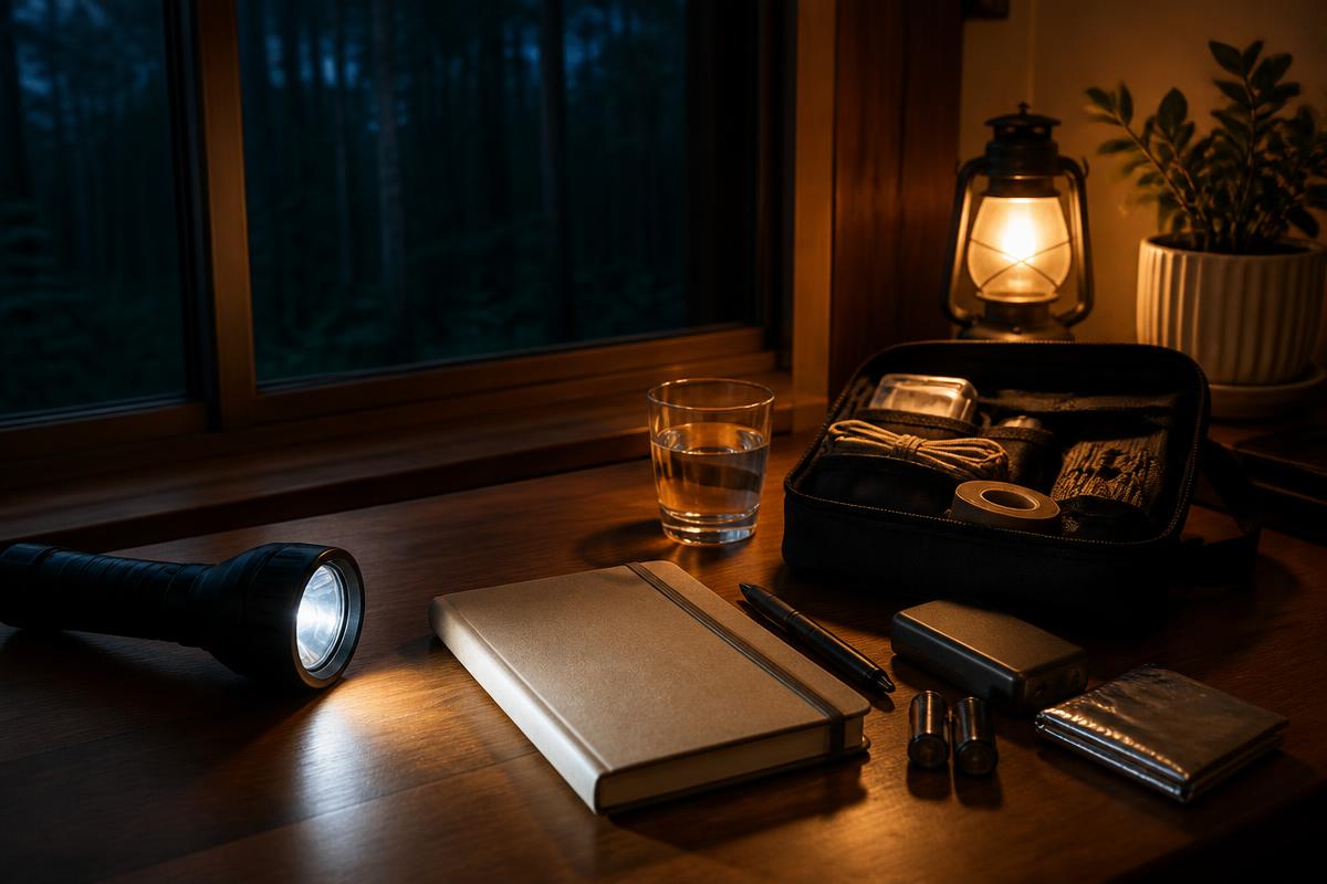 Flashlight, notebook, water, and emergency kit arranged on a desk at night